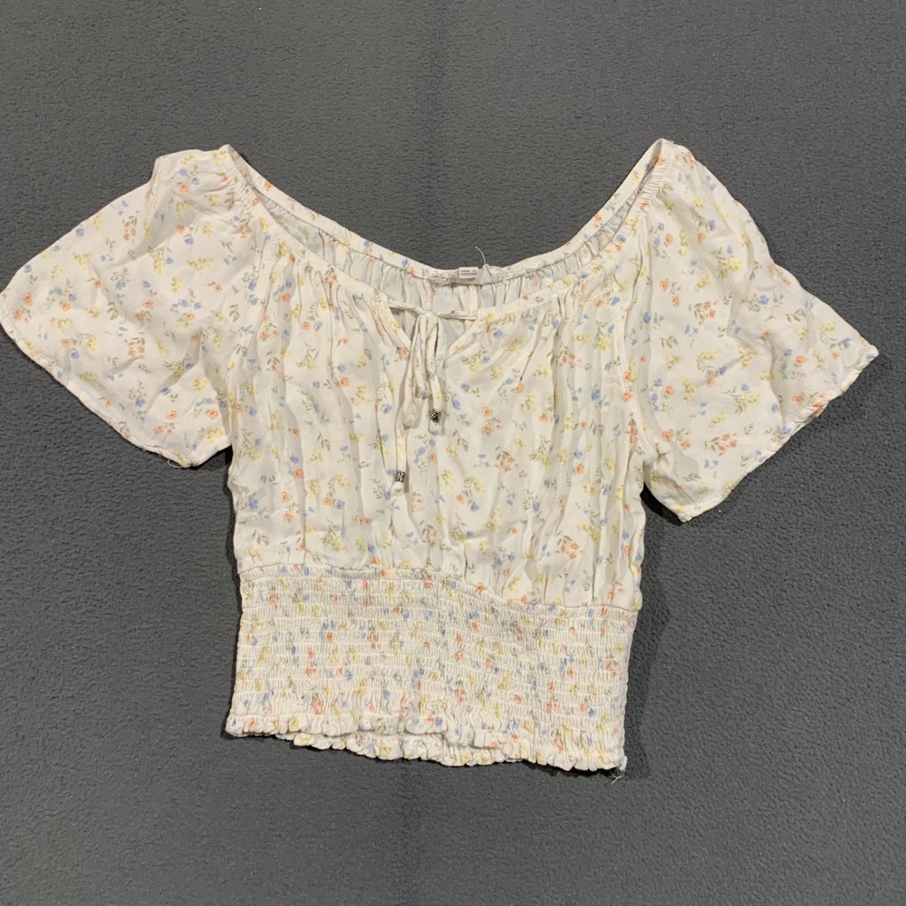 Hippie Rose Floral Peasant Top Women Small Smocked Waist Boho Cottagecore Top
